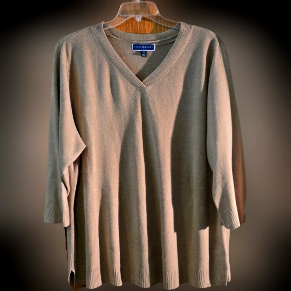 Karen Scott Tan Oversized v-neck Sweater Long Sleeved Ribbed Cuffs Women size 3X